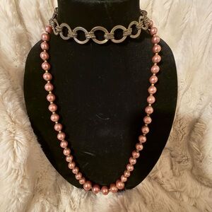 Wonderful Pink Faux Pearl and Brass Ring Necklace